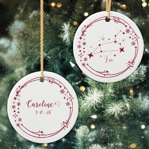 Christmas Custom Name Leo Zodiac Sign Stars Red Ceramic Ornament