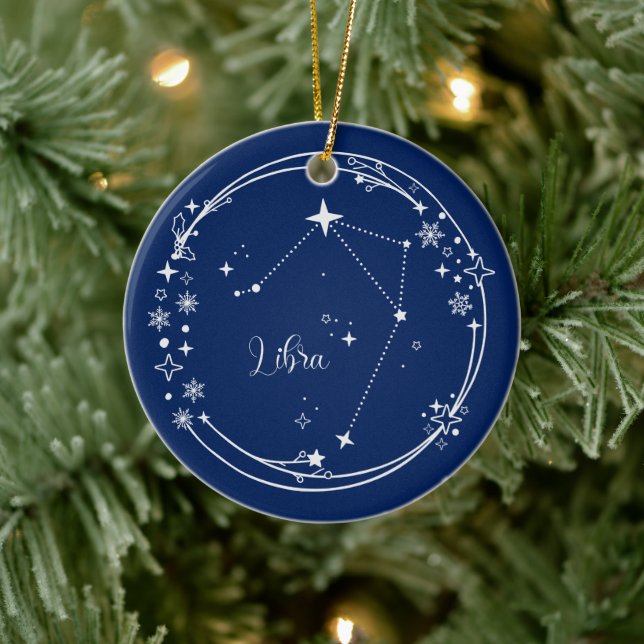 Christmas Custom Name Libra Zodiac Blue Silver Ceramic Ornament (Tree)