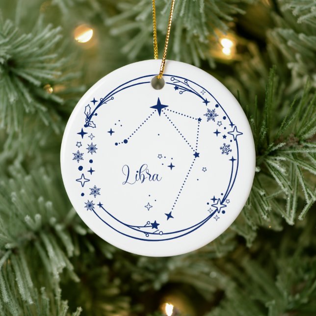 Christmas Custom Name Libra Zodiac Sign Blue Ceramic Ornament (Tree)