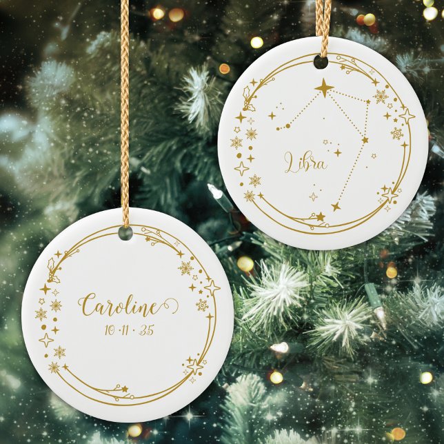 Christmas Custom Name Libra Zodiac Sign Gold Ceramic Ornament (Creator Uploaded)