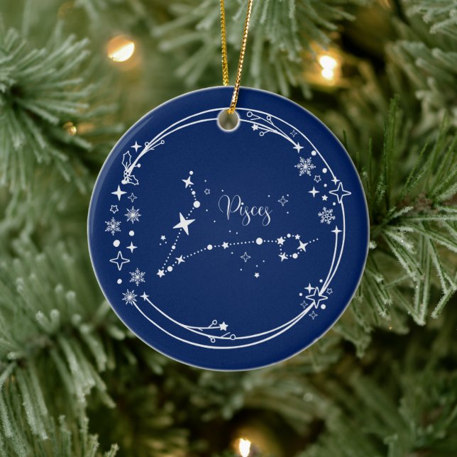 Christmas Custom Name Pisces Zodiac Blue Silver Ceramic Ornament (Tree)