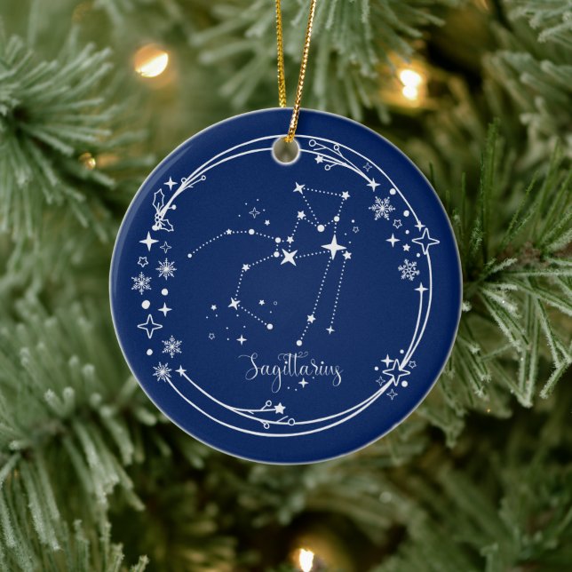 Christmas Custom Name Sagittarius Blue Silver Star Ceramic Ornament (Tree)