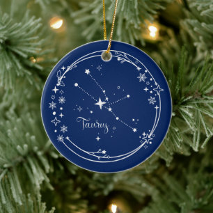 Christmas Custom Name Taurus Zodiac Blue Silver Ceramic Ornament