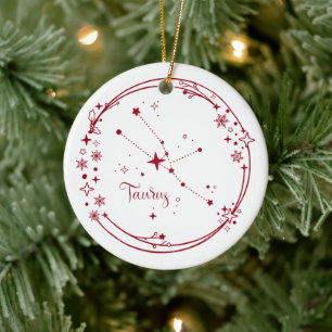 Christmas Custom Name Taurus Zodiac Sign Stars Red Ceramic Ornament