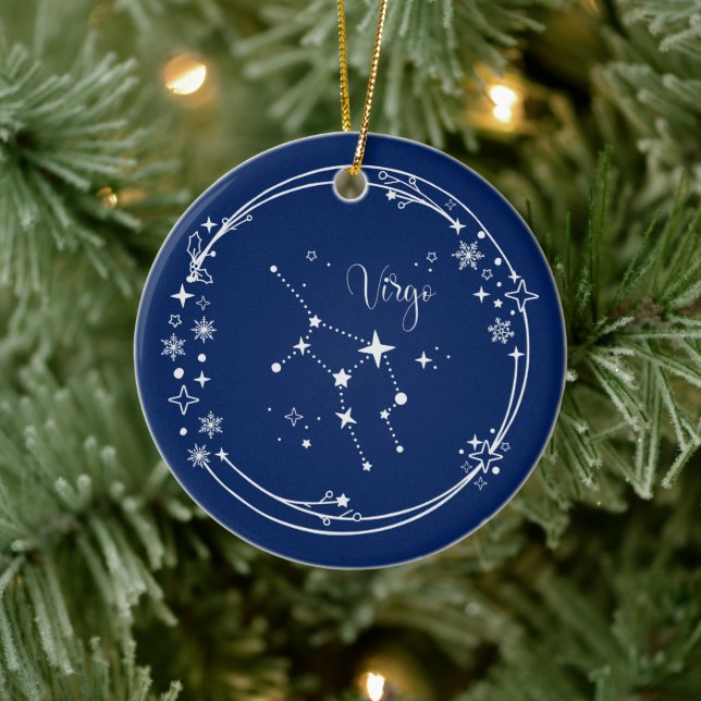 Christmas Custom Name Virgo Zodiac Blue Silver Ceramic Ornament (Tree)