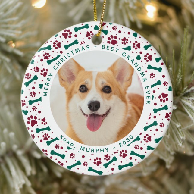 Christmas Custom Pet Photo Festive Paw Prints Dog  Ceramic Ornament (Creator Uploaded)