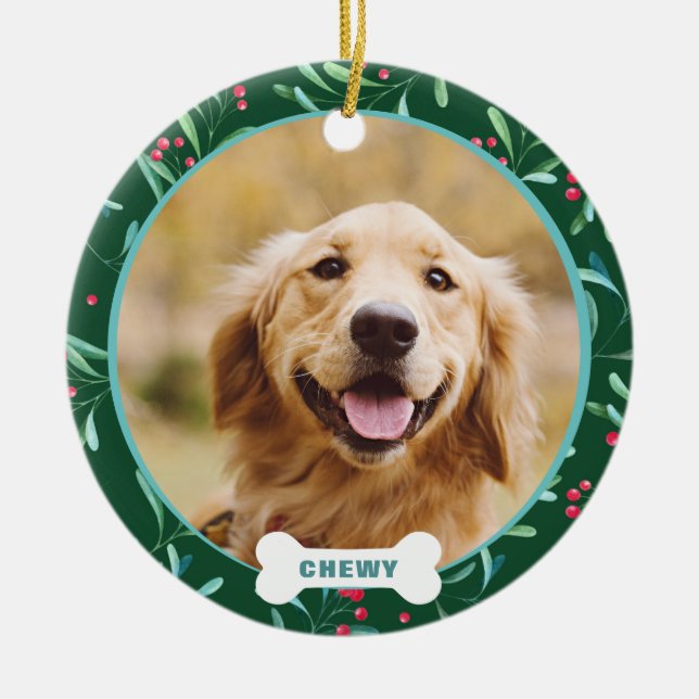   Christmas Custom Pet Photo Leaves Berries Ceramic Ornament (Front)