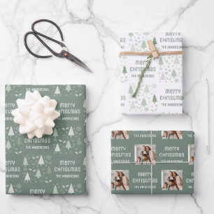 Christmas Custom Photo Family Name Sage Green Wrapping Paper Sheet