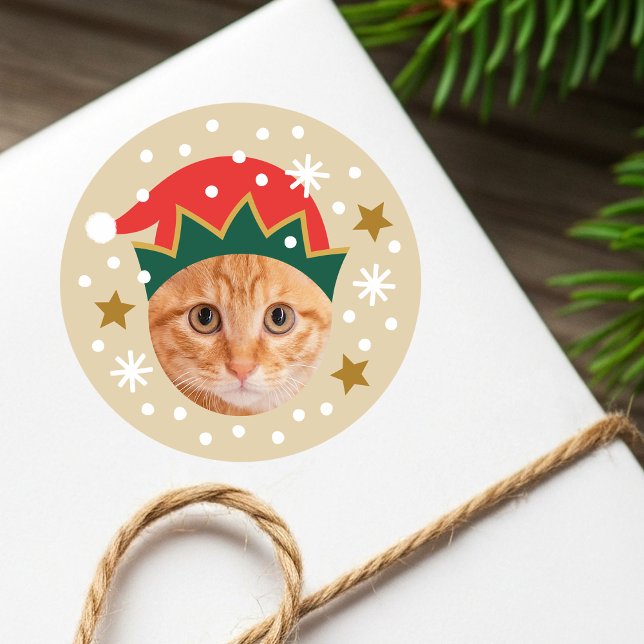 Christmas Custom Photo Festive Elf Hat Funny Beige Classic Round Sticker (Creator Uploaded)