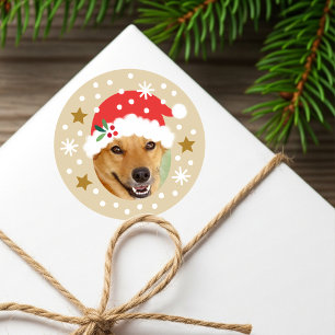 Christmas Custom Photo Santa Hat Funny Beige Classic Round Sticker