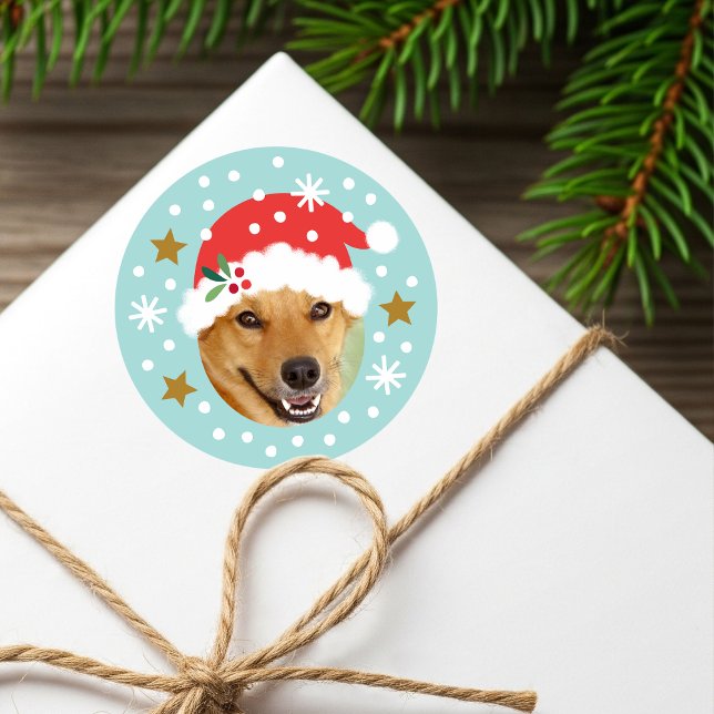 Christmas Custom Photo Santa Hat Funny Blue Classic Round Sticker (Creator Uploaded)