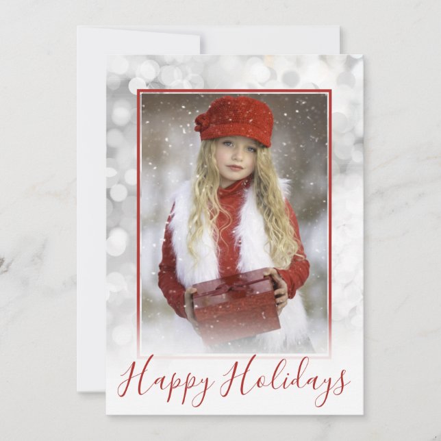 Christmas Custom Photo Silver Red Bokeh Borders Holiday Card (Front)
