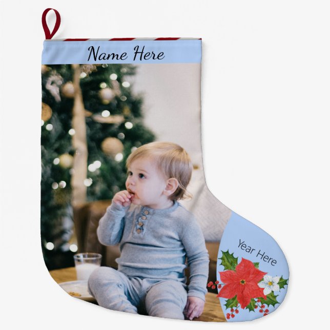 Christmas Custom Pic/Text Poinsettia Floral Stripe Large Christmas Stocking (Front)