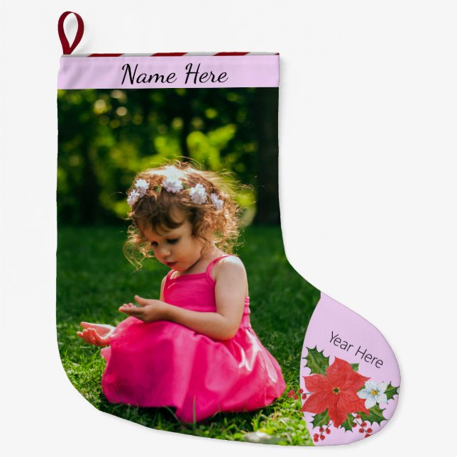 Christmas Custom Pic/Text Poinsettia Floral Stripe Large Christmas Stocking (Front)