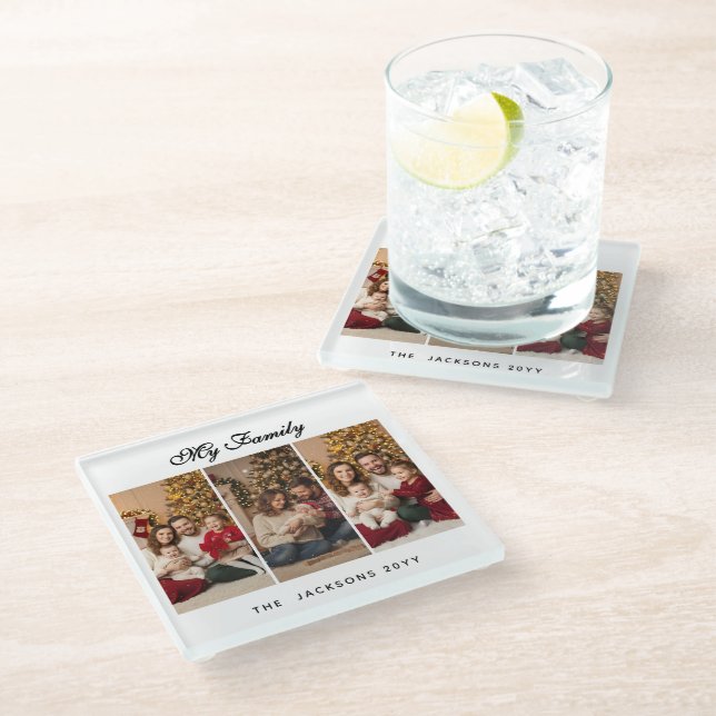 Christmas Custom Three Photos Glass Coaster (Angled)