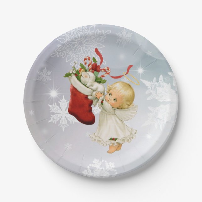Christmas Cute Angel & Kitty Cat Paper Plates (Front)