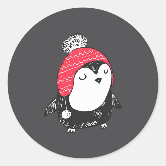 Christmas Cute Baby Penguin Wearing Winter Hat W_e Classic Round Sticker (Front)