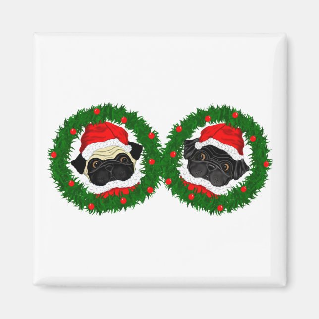 Christmas Cute Black Pug and Fawn Pug Santa Magnet (Front)