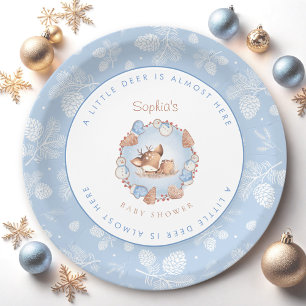 Christmas Cute Blue Deer Boy Baby Shower Paper Plate