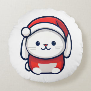 Christmas Cute Bunny in Santa hat Round Cushion
