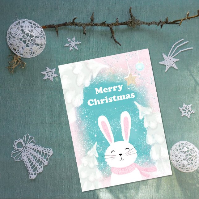 Christmas Cute Bunny Pink and Mint Holiday Card (Creator Uploaded)