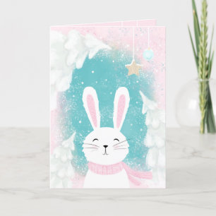 Christmas Cute Bunny Pink and Mint Holiday Card