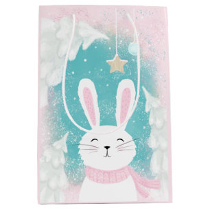 Christmas Cute Bunny Pink and Mint Medium Gift Bag