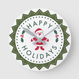 Christmas Cute Cartoon Santa Happy Holidays Round Clock