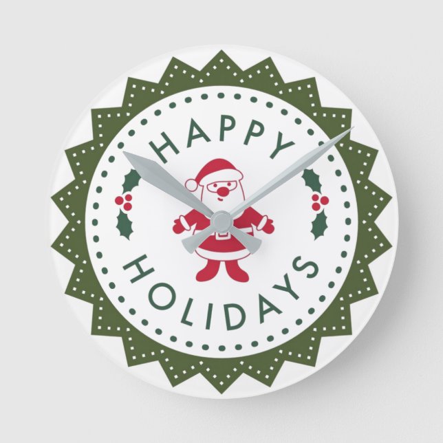 Christmas Cute Cartoon Santa Happy Holidays Round Clock (Front)