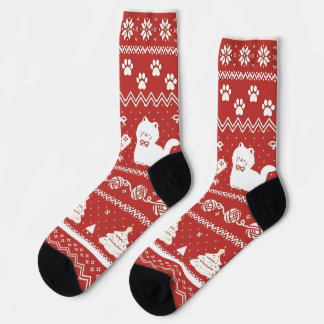 Christmas Cute Cat Red Fair Isle Holiday Socks