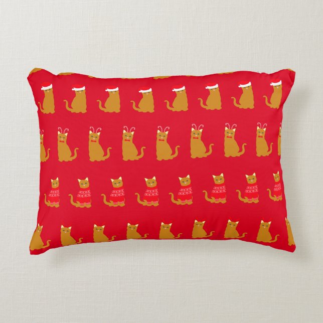 Christmas Cute Cats in Santa Hats Pattern Red Decorative Cushion (Front)