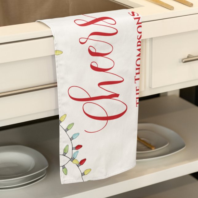 Christmas Cute Cheers Colourful String Lights  Tea Towel (Cheers Christmas holiday string lights kitchen towel. )