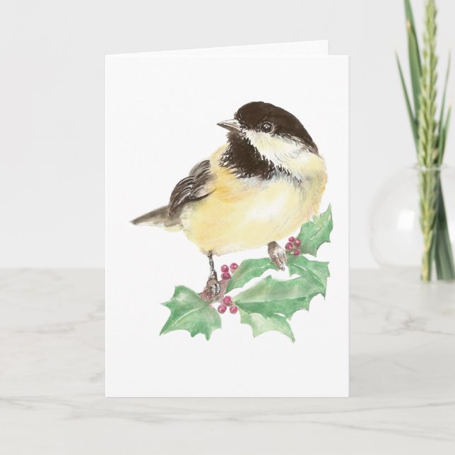 Christmas Cute Chickadee, Bird, Holly Wildlife Holiday Card (Front)