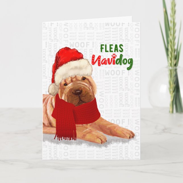 Christmas Cute Chinese Shar Pei Fleas NaviDOG Holiday Card (Front)
