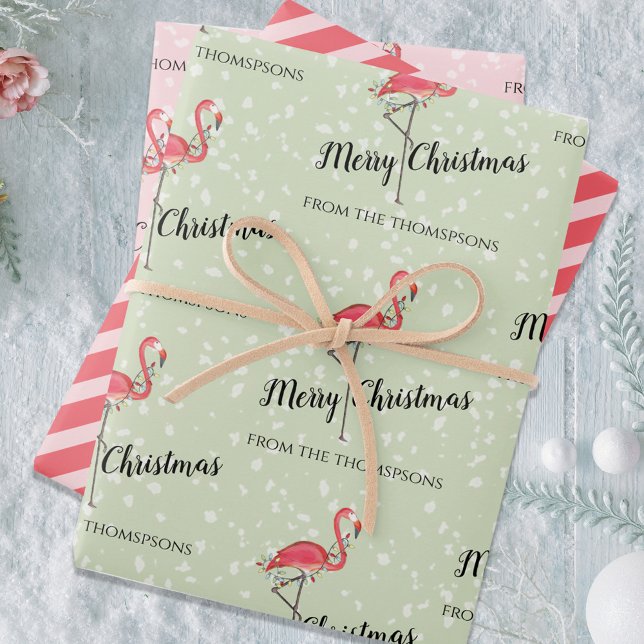 Christmas Cute Colourful Pink Flamingo Custom  Wrapping Paper Sheet (Christmas whimsical string of lights with cute pink flamingo.)