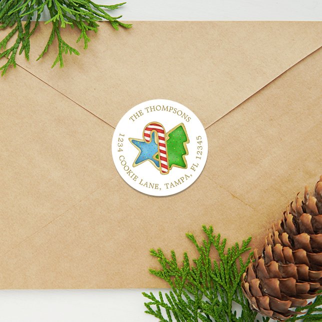 Christmas Cute Cookies Whimsical Return Address Classic Round Sticker (Christmas holiday cookie cutout return address colorful sticker. )