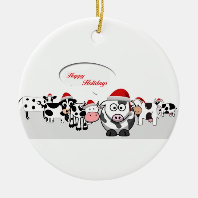 Christmas Cute Cows Happy Holidays Ceramic Tree Decoration (Front)