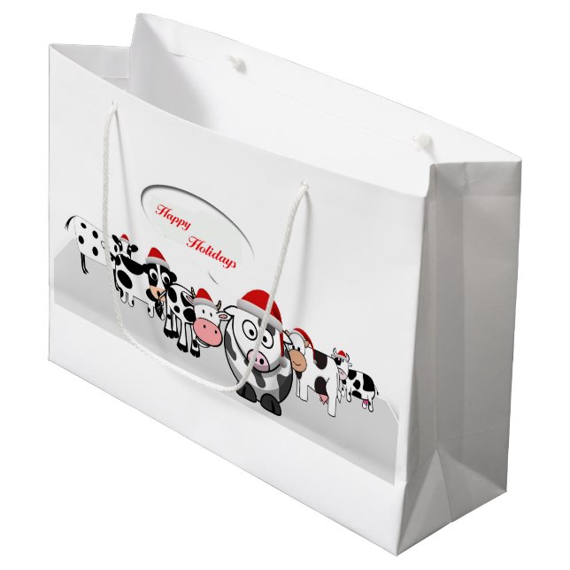 Christmas Cute Cows Happy Holidays Large Gift Bag (Front Angled)