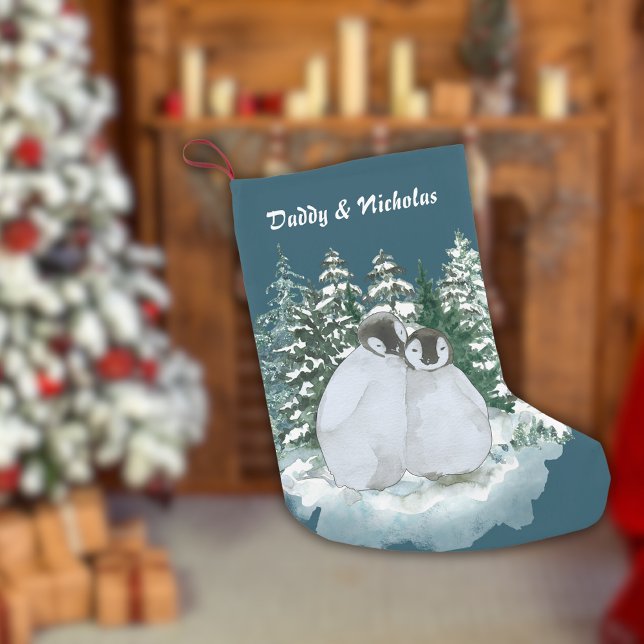 Christmas Cute Daddy & Child Penguin Snow Forest   Small Christmas Stocking (Creator Uploaded)