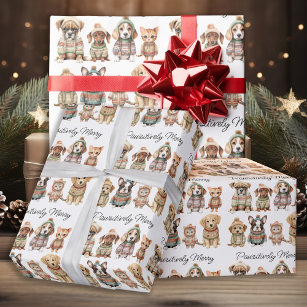 Christmas Cute Dog Cat Pets Pawsitively Merry  Wrapping Paper