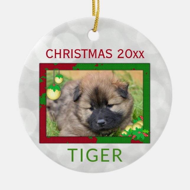 Christmas Cute Dog Pet Photo Ceramic Ornament (Front)