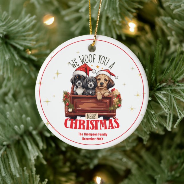   Christmas Cute Dogs We Woof You Custom Family Ceramic Ornament (Tree)