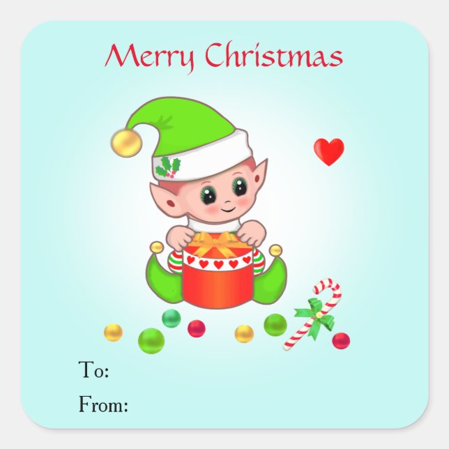 Christmas Cute Elf for Gifts & Favours Square Sticker (Front)