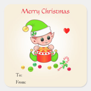 Christmas Cute Elf on Beige for Gifts & Favours Square Sticker