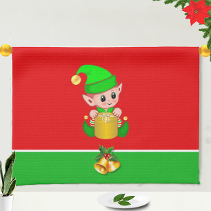 Christmas Cute Elf on Green and Red Tea Towel