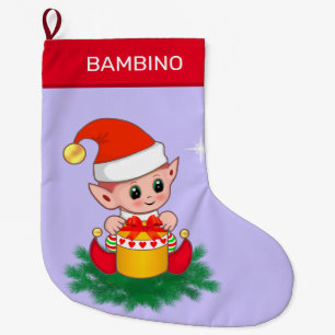 Christmas cute elf on periwinkle blue large christmas stocking