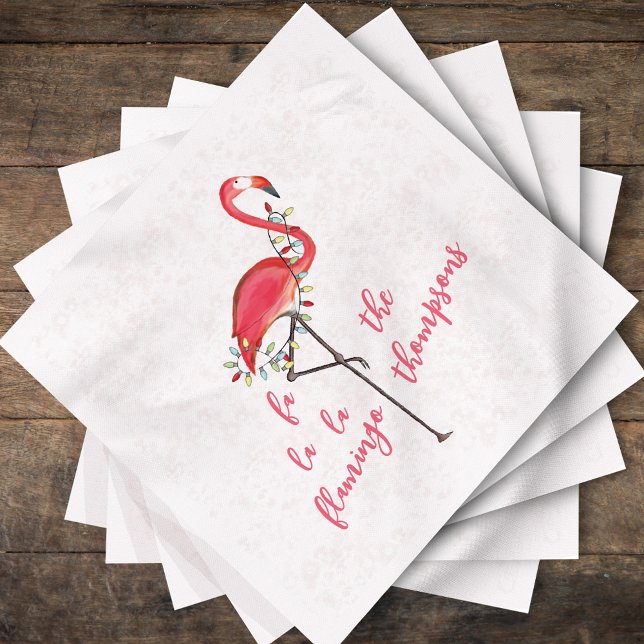 Christmas Cute Festive Flamingo String Lights Napk Napkin (Fa la la la la flamingo custom party pink flamingo Christmas napkins)
