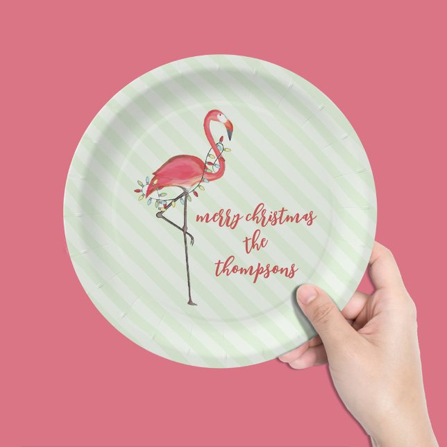Christmas Cute Festive Flamingo String Lights Paper Plate (Simple Merry Christmas cute pink flamingo calligraphy script paper plate)