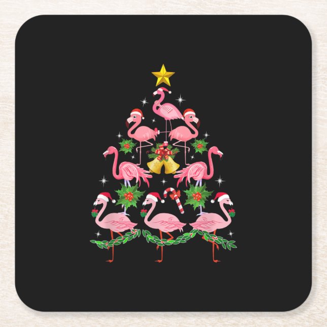 Christmas - Cute Flamingo Christmas Tree Square Paper Coaster (Front)