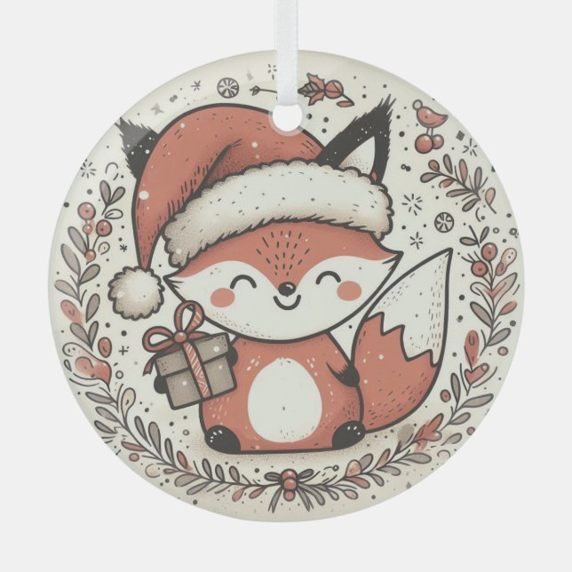 Christmas Cute Fox  Glass Tree Decoration (Front)